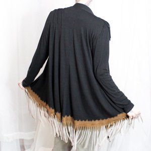 VTG Y2K TParty Black/Brown Tie Dye Fringed Boho Hippie Cardigan Duster SZ M